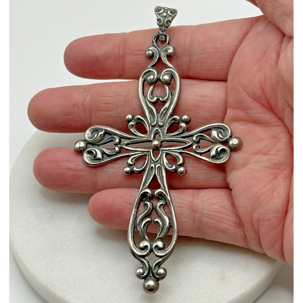 Vintage CINI LARGE Sterling Silver Cross Pendant Art Noveau 925 Renaissance 3.5"